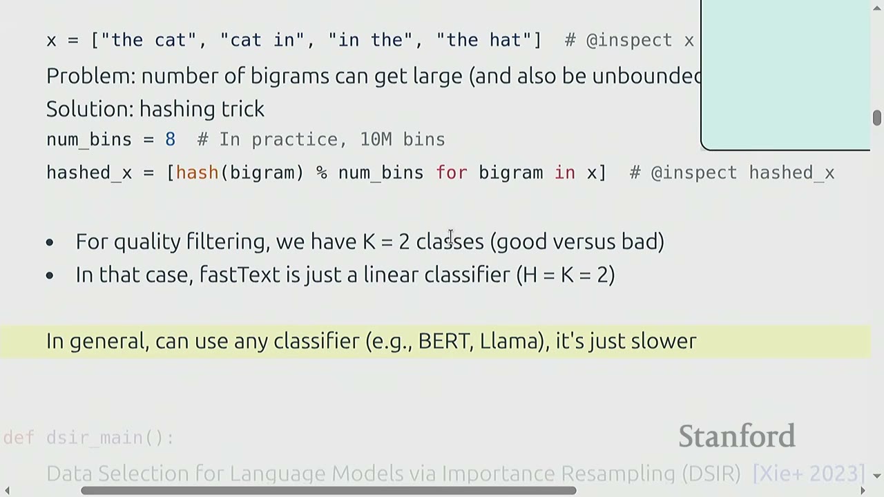 A slide discusses using classifiers for quality filtering, noting that fastText is a linear classifier.