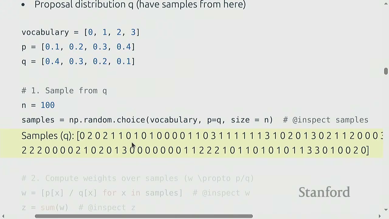 A slide shows Python code for sampling from a proposal distribution 'q' with a given vocabulary.