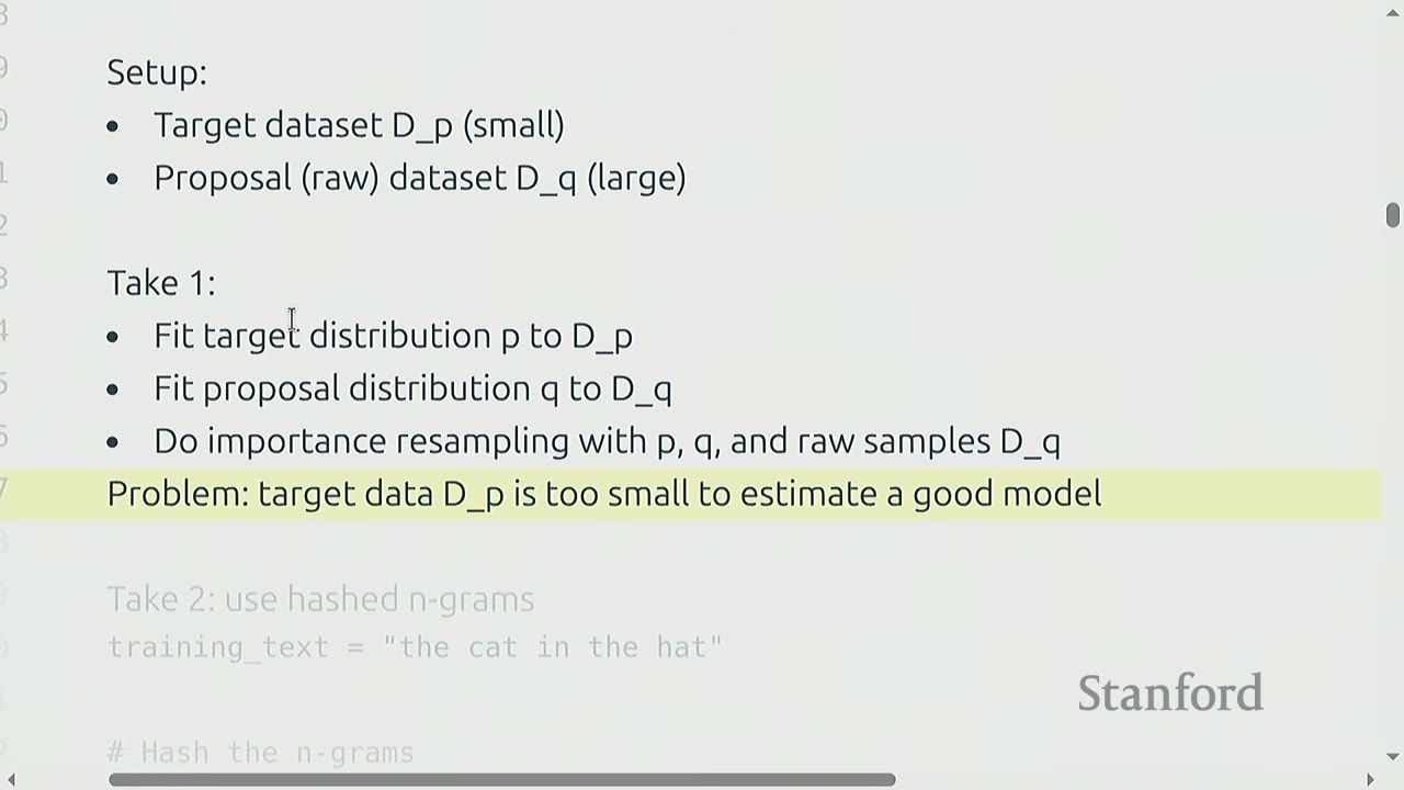 A slide outlines the setup for importance resampling, highlighting the problem of small target data.