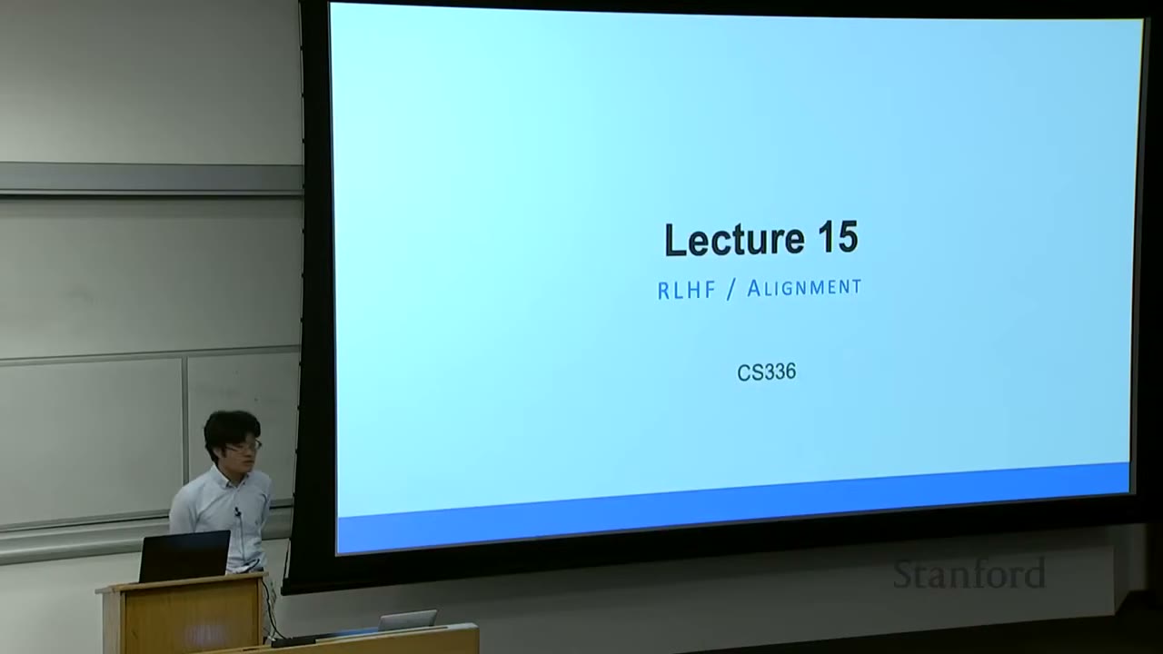 Lecture 15 title slide: RLHF / Alignment for CS336.