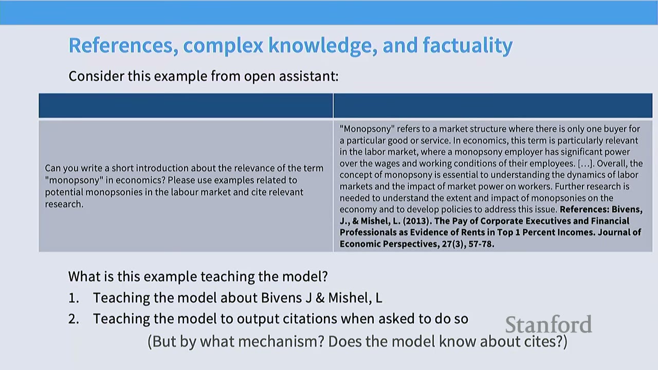 Slide on references, complex knowledge, and factuality, with an example from Open Assistant.