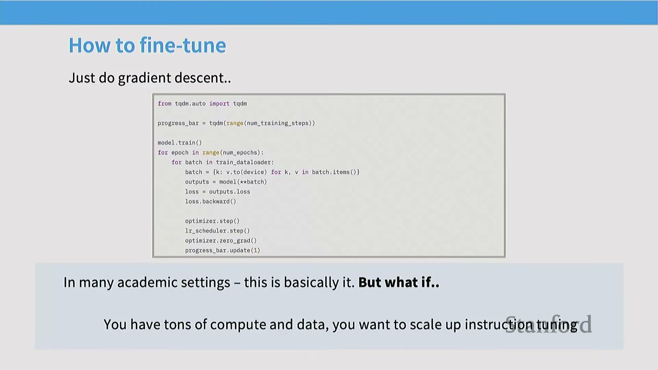 Slide on how to fine-tune, showing Python code for gradient descent and instruction tuning.