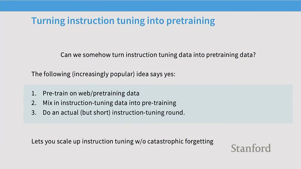 Slide on turning instruction tuning into pretraining, outlining a three-step process.