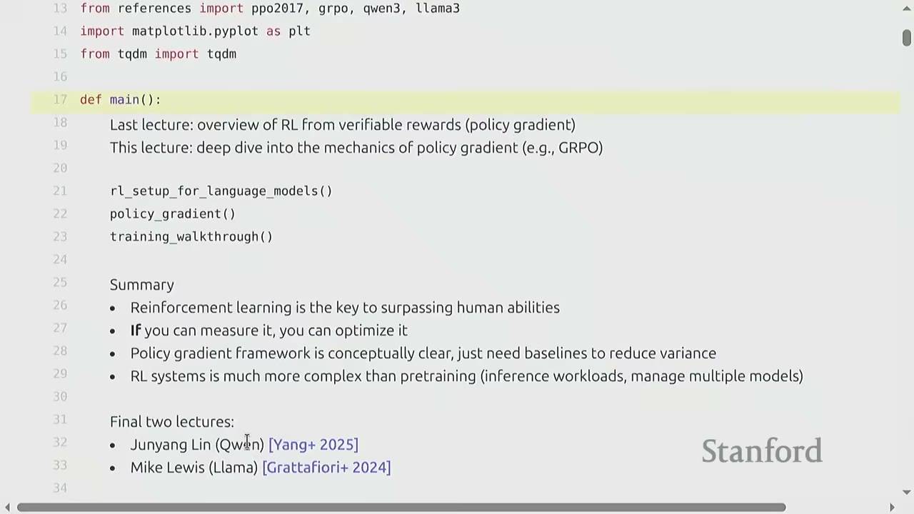 Python code: main function, lecture summary, and final lectures.