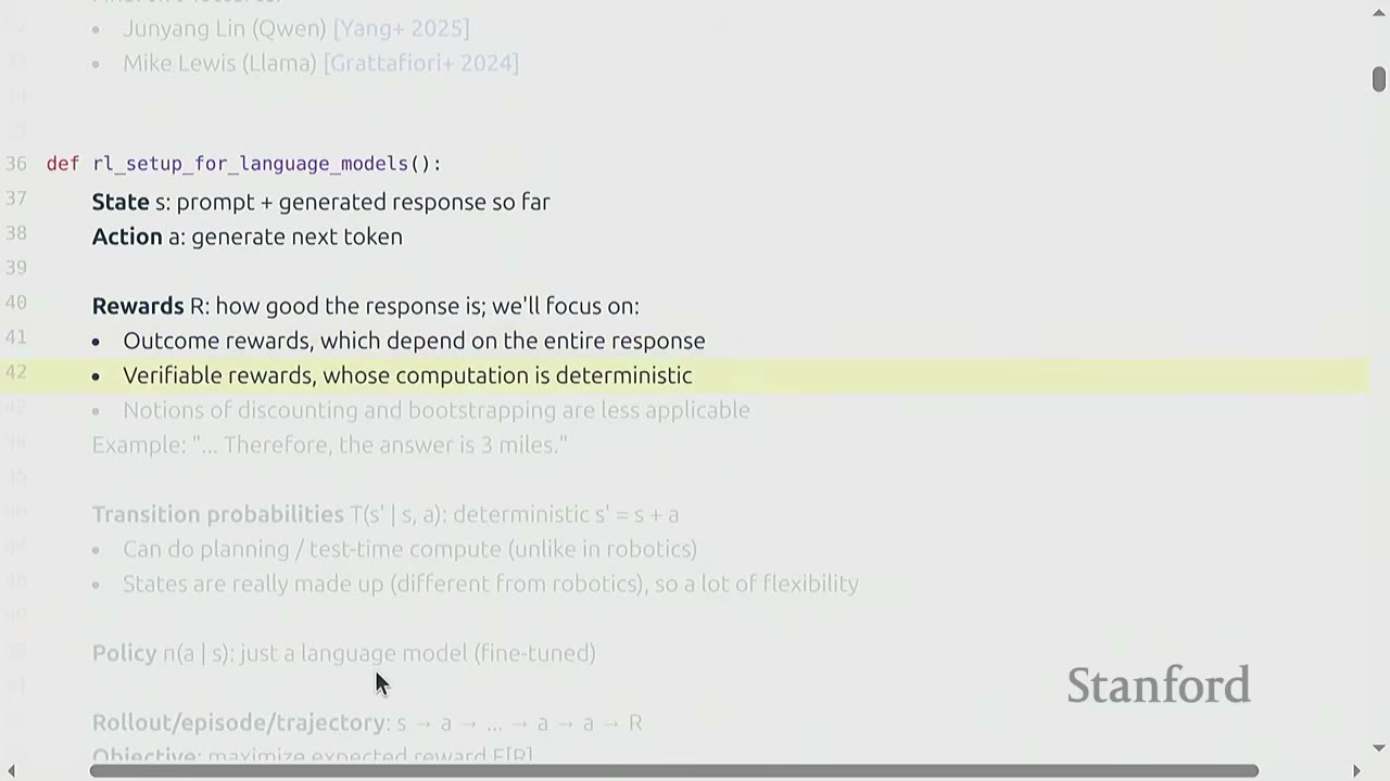 Python code: defining state, action, and verifiable rewards for language models.